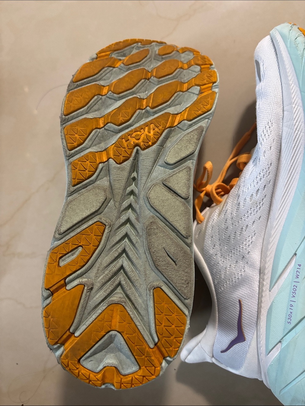 Hoka Women's White Running Shoes with Mint Midsole and Orange Laces - Picture 4 of 5